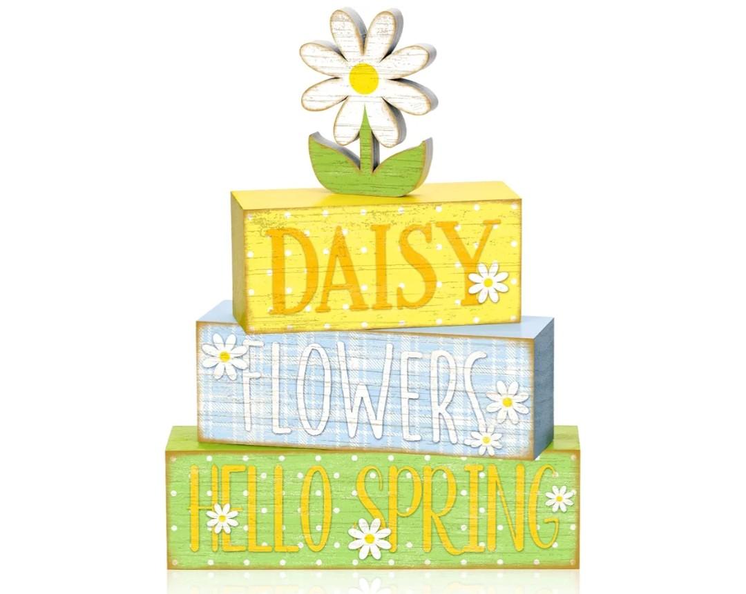 4Pcs Daisy Flower Hello Spring Wooden Stack Signs Rustic Farmhouse Tiered Tray Decor Yellow Blue Floral Wooden Table Decor for Spring Home, Kitchen, Office