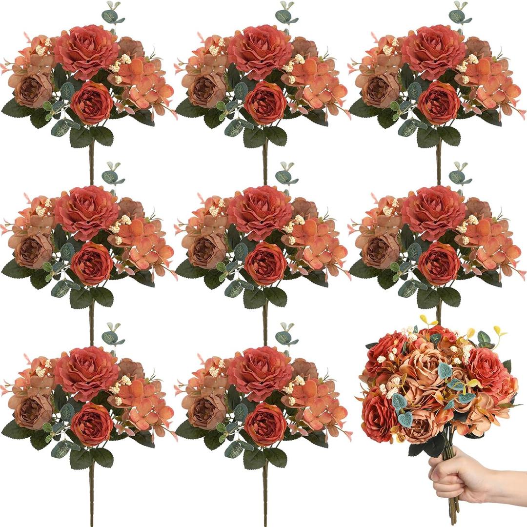 Yunsailing 8 Packs Artificial Peony Flowers Faux Silk Hydrangea Bouquet Vintage Wedding Home Table for Door Decor Reusable Bouquet of Rose Flowers for Valentine Wedding Birthday Party(Dark Orange)