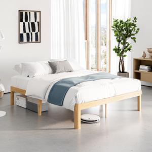 14 Inch High Bamboo Wood Full Size Bed Frame Platform, Metal Slat Support Bed Frame Full Size, No Box Spring Needed, Easy Assembly, Noise Free, Reinforced