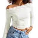 SUUKSESS Women Off Shoulder Long Sleeve Shirts Double Lined Fitted Crop Tops Y2K Tight T Shirts (Cream White,M)