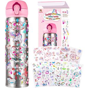 YOFUN Decorate Your Own Water Bottle with 11 Sheets of Unicorn Stickers & Glitter Gems, Craft Kit & Art Kit for Children, Gift for Girls Age 4 5 6 7 8 9 10 Years Old Kids, BPA Free Insulated (Silver)