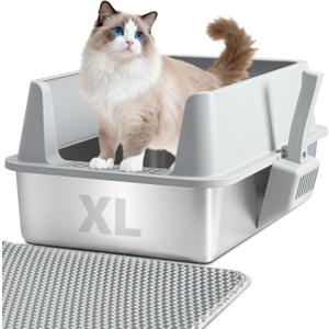 Stainless Steel Litter Box with Lid, XL Metal Litter Box, Anti-Urine Leakage Cat Litter Boxes Extra Large for Big/Multiple Cats, Never Absorbs Odors, Non-Stick, Includes Scooper and Mat