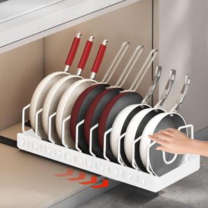1 Pack Pull Out Pot and Pan Organizer Under Cabinet, Slide Out Pot Lid Organizer with 10 Adjustable Dividers Sliding Pan Holder Storage Rack Inside Cabinet for Kitchen White