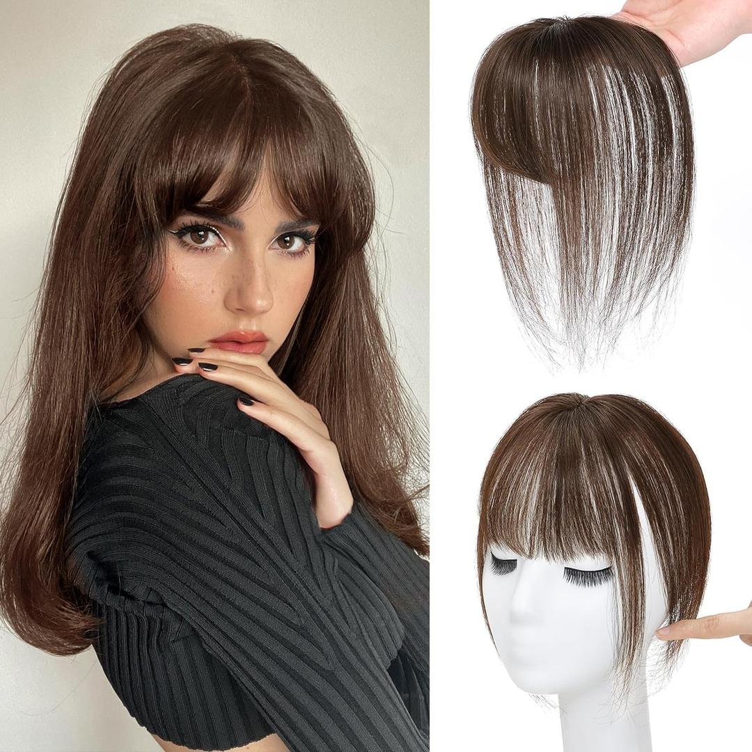 Bangs Hair Clip, 100% Real Human Hair Toppers with Wispy Bangs 360 Cover Clip in Bangs for Women Daily Wear Dark Brown