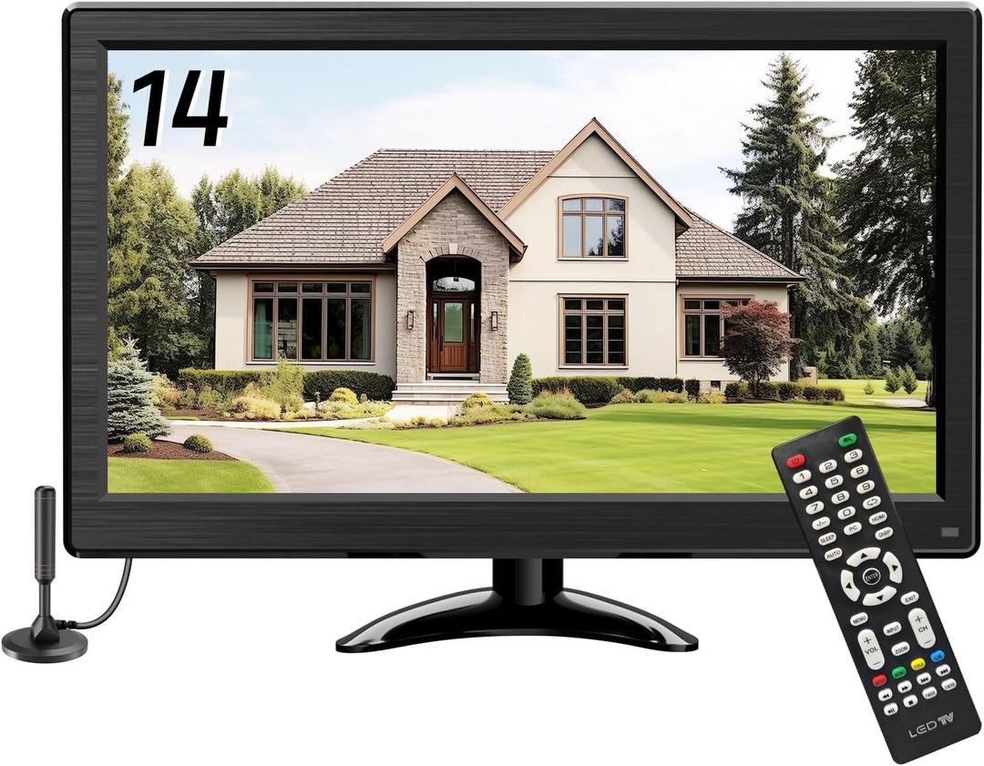 14 Inch Portable TV 1366*768(Support 1080P) HD Flat Screen Small TV with ATSC Tuner Antenna,Remote /HDMI/USB/AV/VGA Input, Suitable for Kitchen Bedroom RV Camper.,TV Stand for Car Travel(No Smart TV