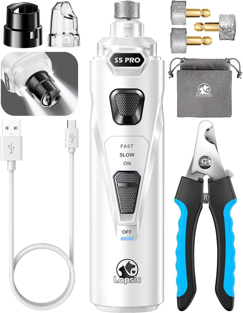 Dog Nail Grinder with 2 LED Lights Powerful 2 Speeds Super Quiet Dog Nail Trimmers with 3 Grinding Wheels Rechargeable Pet Dog Nail Clippers for Large Medium Puppy Dogs Dog Nail File Cat Nail Clipper (White)