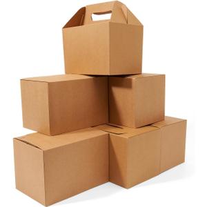 Happyhiram 10-Pack Large Gable Boxes Brown - 9x6x6 Inch Sturdy Kraft Paper Containers for Gifts, Box Lunches, Cookies, and Birthday Wedding, Welcome Boxes Easy to Assemble with Handles