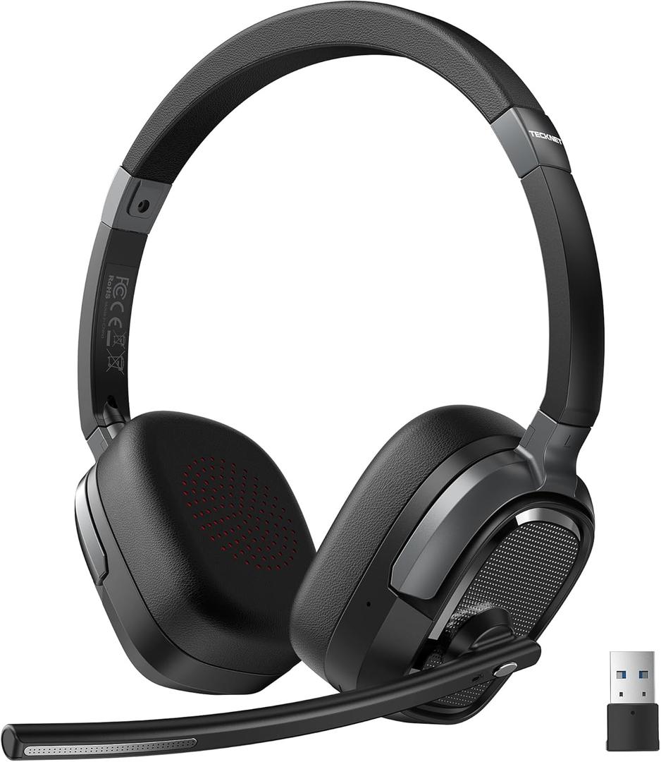 TECKNET Wireless Headset with Mic for Work, V6.0 Bluetooth Headset with AI Noise-Cancelling Microphone & USB-A Dongle, 50H Playtime & Mute, On-Ear Headphones for PC, Laptop, Phone, Office & Trucker