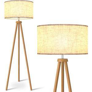 LEPOWER Wood Tripod Floor Lamp, Mid Century Standing Lamp for Living Room, Flaxen Lamp Shade, Modern Design Standing Lamp with E26 Base, Tall Floor Light for Bedroom, Study Room and Office Brown