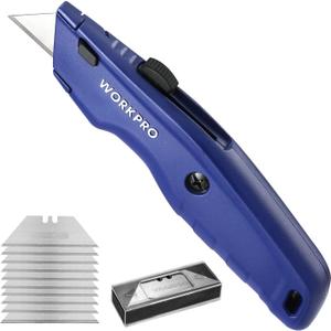 WORKPRO Premium Utility Knife, Retractable All Metal Heavy Duty Box Cutter, Quick Change Blade Razor Knife, with 10 Extra Blades (Blue)