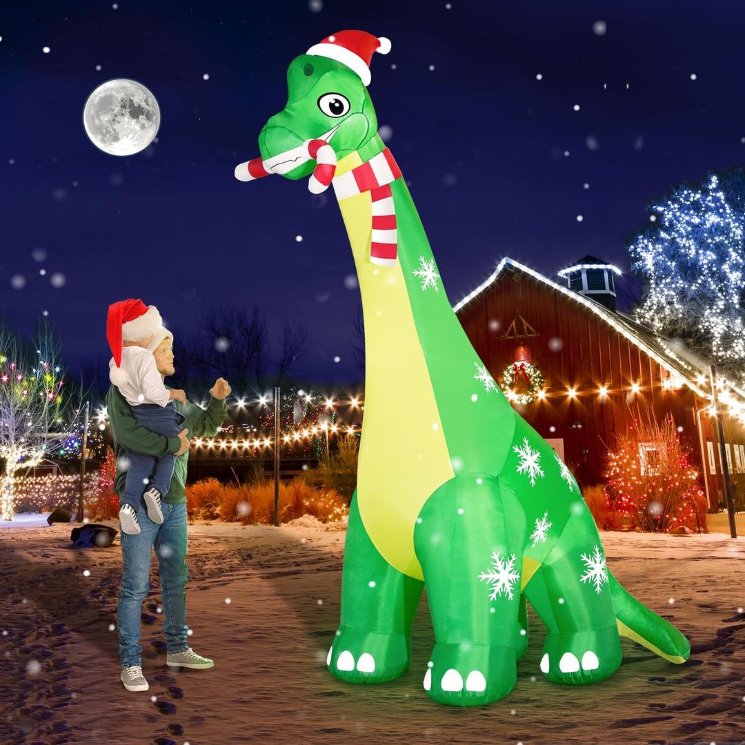 13FT Giant Dinosaur Christmas Inflatable Decorations, Builtin LED Lights, Strong Blower Huge Blow Up Yard Clearance Decor with Large Candy Cane Xmas Santa Hat Outdoor Indoor Holiday Party