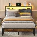 OLEVS Full Bed Frame with Headboard, Metal Platform Bed Full Size with 2-Tier Storage, LED Light & Charging Station Type C, No Box Spring Needed