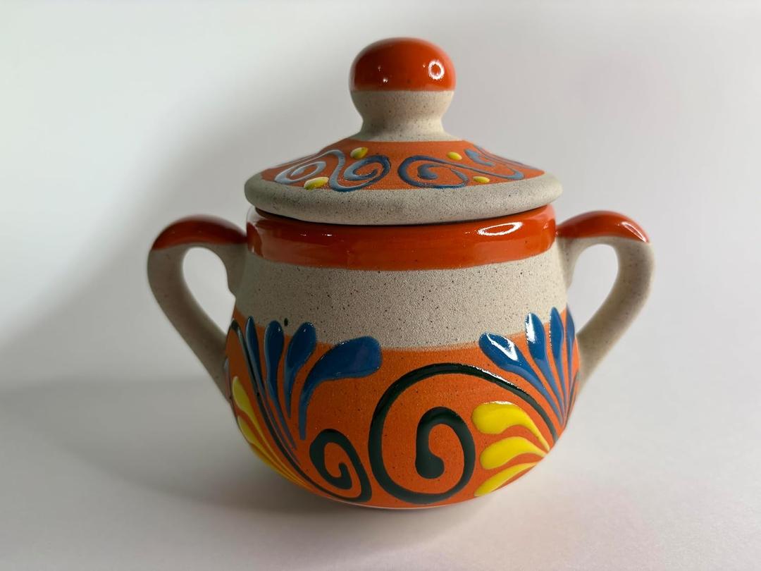 Handcrafted Ceramic Sugar Bowl with Lid, Double Handle, Decorative Floral Pattern, Orange and Blue