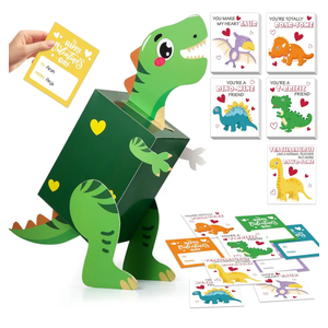 Dinosaur Valentines Day Box and Cards for Kids School, Valentines Day Gifts for Kids with Valentine Dino Card for Classroom Exchange, Party Favor (1 Dinosaur Box, 32 Valentine Cards, 1 Teacher Card)