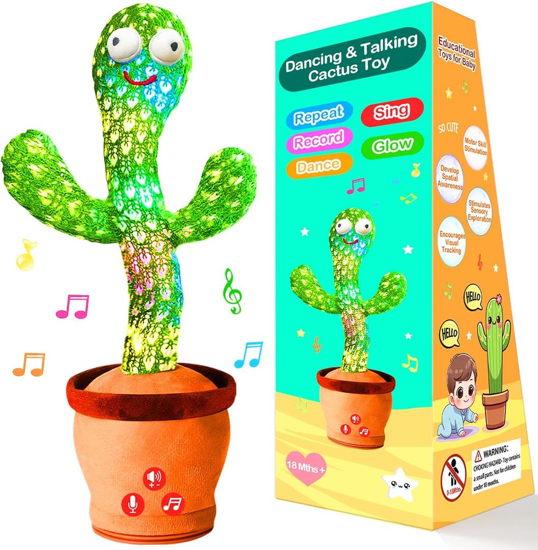 River Mill Dancing Talking Cactus Toy with Adjustable Volume, Interactive Cactus Baby Toys for 6-18 Months+, Upgraded Safe and Secure Plush Eyes Baby Toys, Birthday Gifts for Babies (Green)