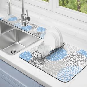 Dish Drying Mat for Kitchen Counter Matt, 2PCS 19"x12" Dish Drainer Mat & 24"x5.5" Sink Splash Guard, Super Absorbent Non-slip Rubber Backed