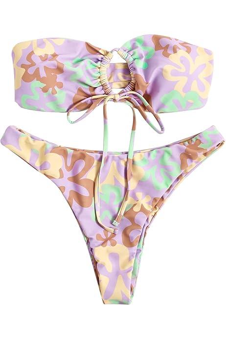 GORGLITTER Women's Strapless Swimsuit Bandeau Floral High Cut Thong Cheeky Sexy Bikini Set,XL