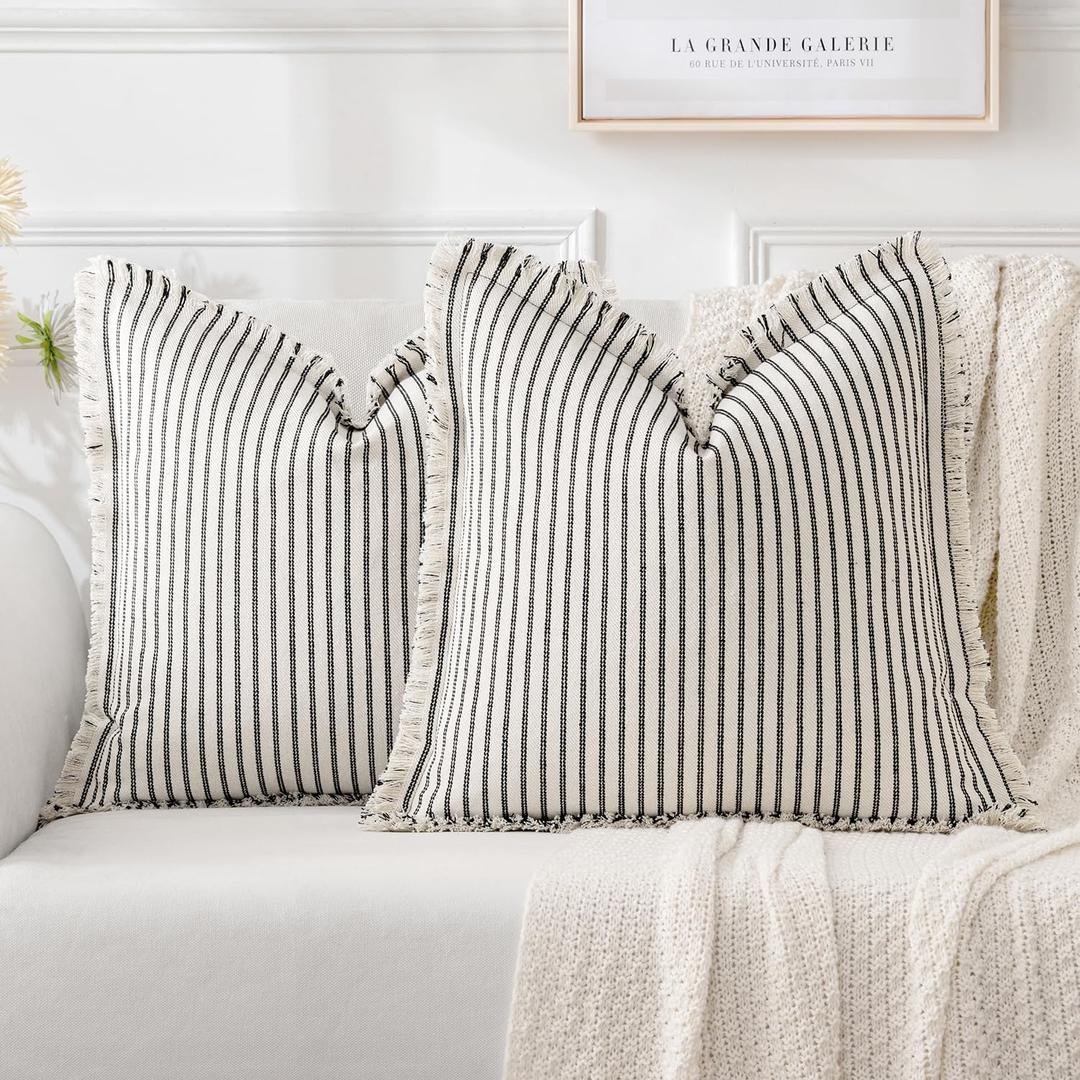 MIULEE Black Pack of 2 Pillow Covers 18x18 Inch Striped Farmhouse Couch Throw Pillow Covers with Fringe Chic Linen Decorative Cushion Covers for Sofa Living Room Bed Outdoor Home Decor 