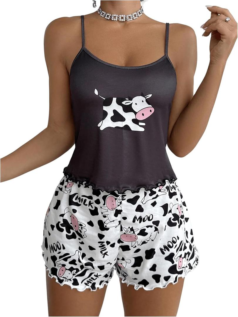 Women's 2 Piece Cow Graphic Pajama Set Lettuce Trim Camisole Tops and Pj Shorts Sets Loungewear (L)