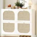 Nicetree Freestanding Ultra Slim Arched Rattan Accent Shoe Storage Cabinet for Entryway - 4 Flip Drawers & 3-Tier Adjustable Shelves, Farmhouse Modern Rustic Shoe Rack for Hallway Foyer,Cloud White, 9.5"D x 39.4"W x 35.5"H
