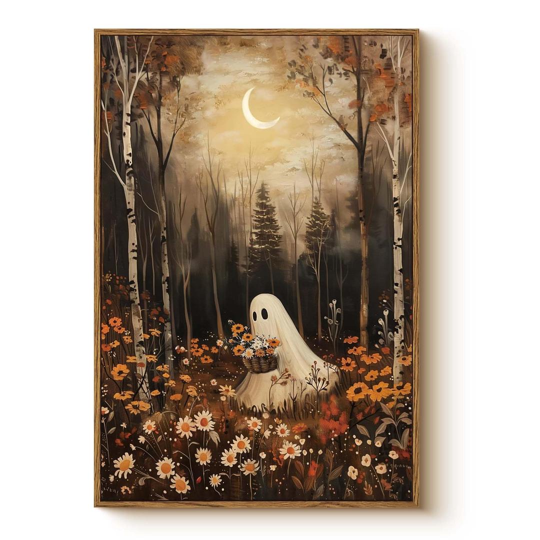 Vintage Cute Ghost Holding Flowers 16x24 Halloween Wall Art, Autumn Birch Forest Crescent Moon Framed Canvas Print, Cozy Orange Flowers Artwork Rustic Fall Spooky Bedroom Home Decor