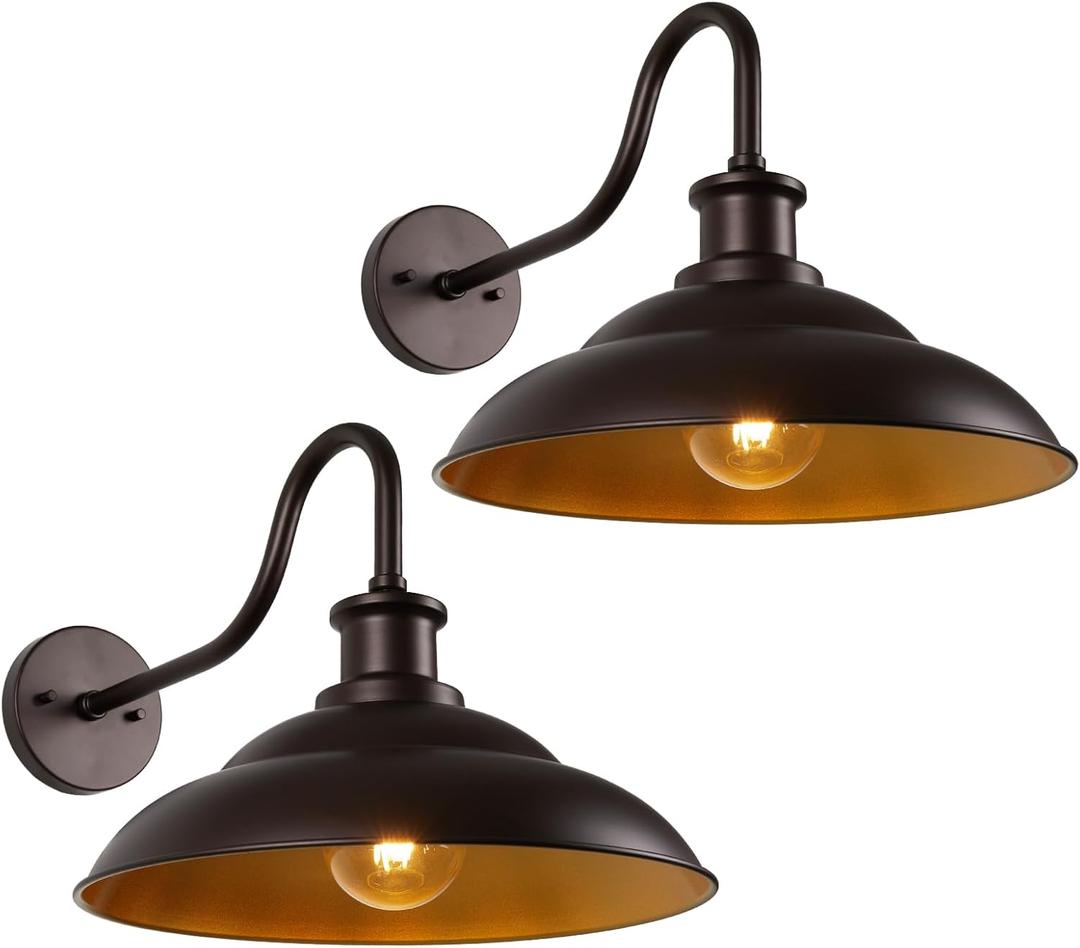 Outdoor Barn Light Fixtures, 16 Inch Dome Large Wall Sconces, Farmhouse Exterior Wall Mount Lights for House Garage Patio Doorway, Oil Rubbed Bronze, 2 Pack (Orb+Gold)