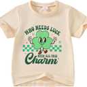 Little Girl St Patricks Day T-Shirt Lucky Clover Top Toddler Girl St Patricks Day Outfit 6-7 Years (Beige)