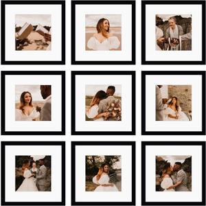 12x12 Picture Frame Set of 9, Display Pictures 8x8 with Mat or 12x12 without Mat, Multi Collage Gallery Square Photo Frames for Wall or Tabletop, Black