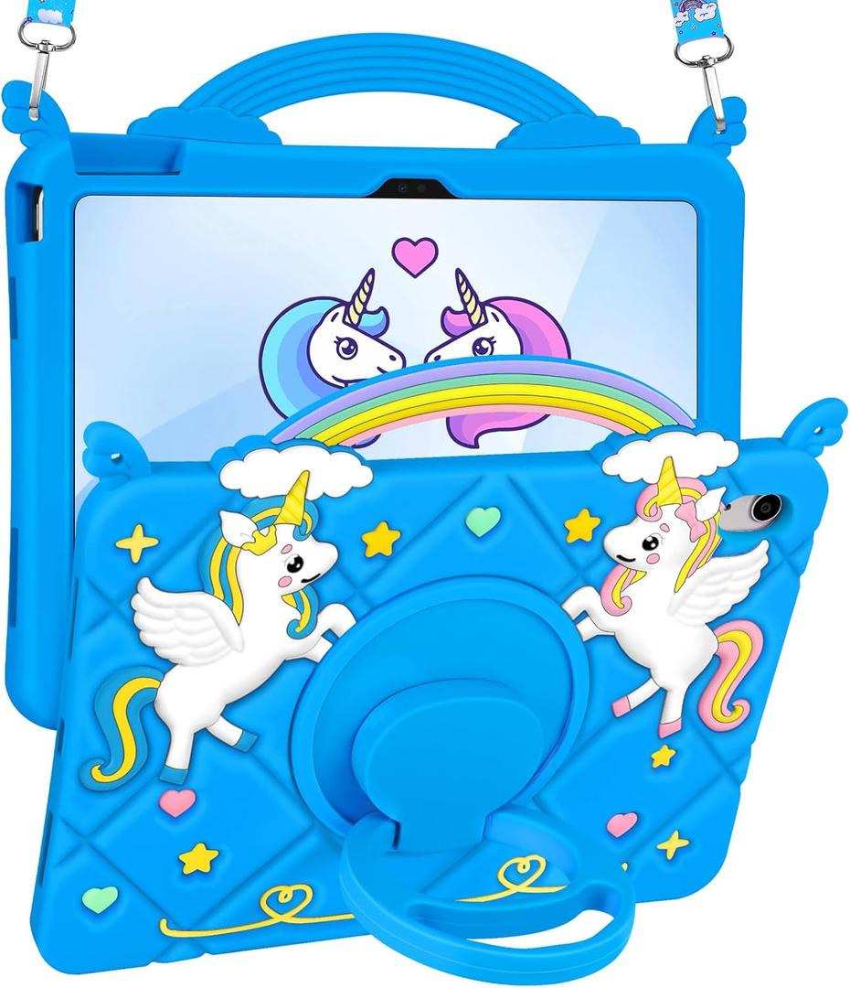 for iPad 10th Generation Case 2022 10.9 Inch/for iPad A16 11th Generation 11 Inch 2025 - Cute Girls Kawaii Girly 3D Cartoon Teen Case with Rotating Stand & Strap Soft Silicone Blue Unicorn