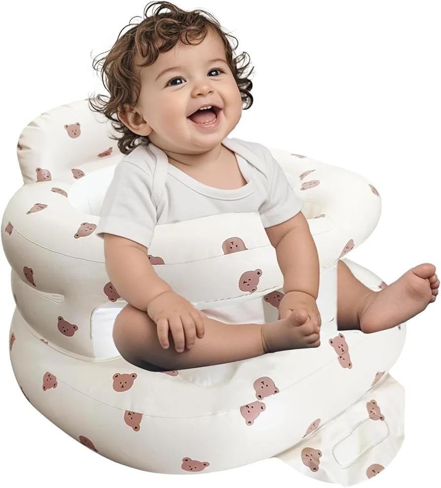 Inflatable Baby Seat for Babies 3-36 Months, Baby Chair with Fence & Built in Air Pump, Blow Up Floor Baby Seat with Back Support, Inflatable Baby Chair Sit Me Up for Home, Travel (Bear)