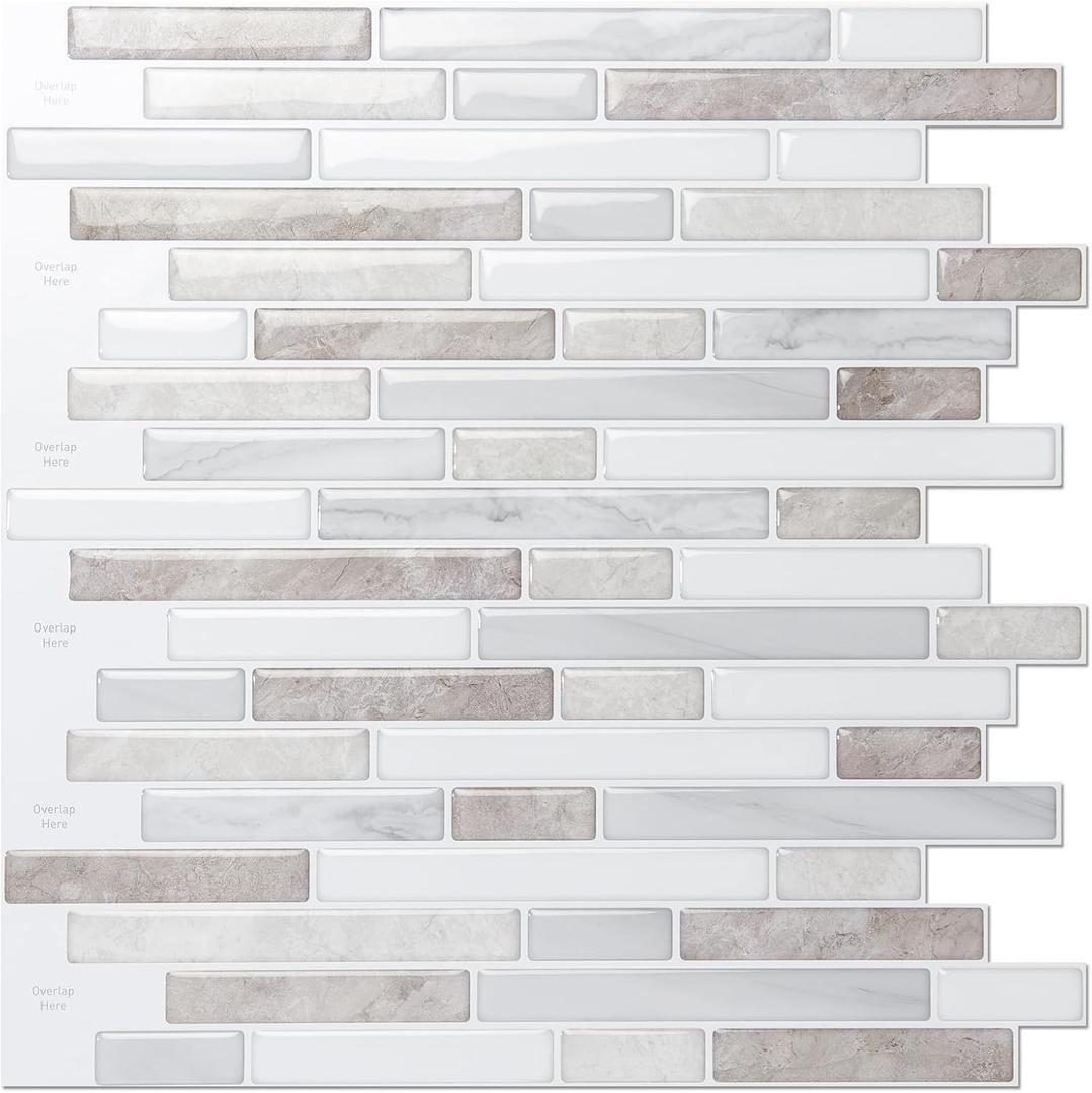 LONGKING 10 Sheet Marble Peel and Stick Backsplash for Kitchen,Self-Adhesive Tile Backsplash for Kitchen, Bathroom, 12in x 12in, (Beige & White) (Beige & White)