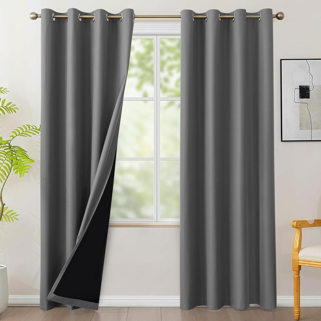 BONZER 100% Blackout Curtains 84 inches Long, 4 Panels Full Light Blocking Privacy Protection Window Drapes, Grommet Total Room Darkening Curtain with Black Backing for Bedroom, Living Room, Grey