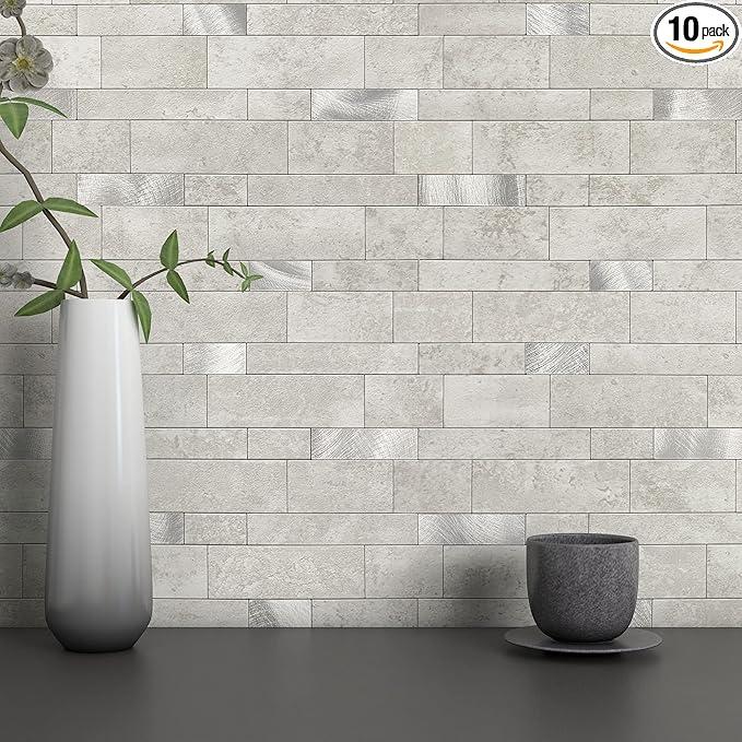 MOFIT Backsplash Tile for Kitchen Peel and Stick Stone Matte Finish, Bathroom Tiles Stickers 3D Wall Panel Linear Mosaic Marble Backsplash Waterproof(10sheets, Cement Grey)