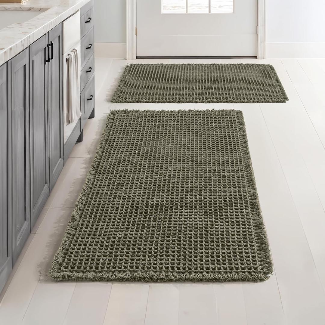 MIULEE Set of 2 Waffle Bathroom Rugs, Super Absorbent Non Slip Bath Rugs, Machine Washable Bath Mats with Tassels, Ultra Soft Rubber Backed Shower Mats for Bathroom Floor, Tub, Green, 17"x24"+18"x30"