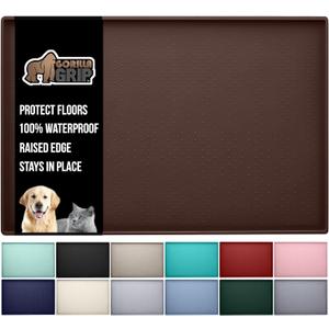 GORILLA GRIP 100% Waterproof Raised Edge BPA Free Silicone Pet Feeding Mat, Dog Cat Food Mats Contain Spills Protects Floors, Placemats for Cats and Dogs Water Bowl, Pets Accessories 32x24 Brown