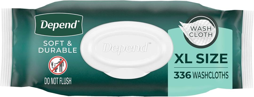 Depend XL Disposable Washcloths for Adults, 8 Flip-Top Packs, 42 Wipes Per Pack (336 Wipes Total)
