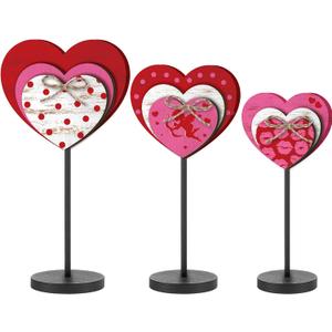 3 Pcs Large Valentine's Day Wooden Sign Valentine Heart Standing Block Set Love Heart Table Centerpiece Valentine Romantic Tiered Tray Decor for Home Farmhouse Office Desk Mantle Shelf Decor(Classic)