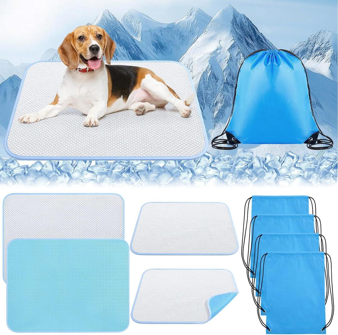 Chunful 4 Pack Dog Cooling Mat, 35 x 26 Inches Washable Self Cooling Pet Pad for Cats Dogs, Ice Silk Cold Kennel Crate Mat with Chill Fiber for Summer Indoor Outdoor Pet Sleeping
