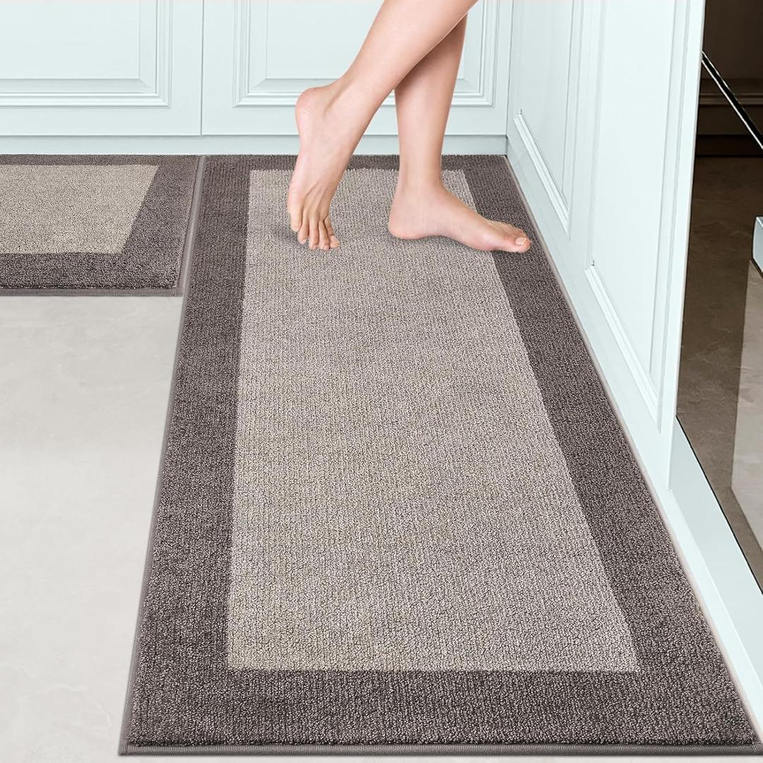 Machine Washable (24" x 36"+ 24" x 60"') Kitchen Rugs Set of 2, Non Slip Kitchen Mats for Floor, Absorbent Entrance Runner Rugs for Bedroom, Hallway, Bathroom, Door (Roll Packing) (Beige)