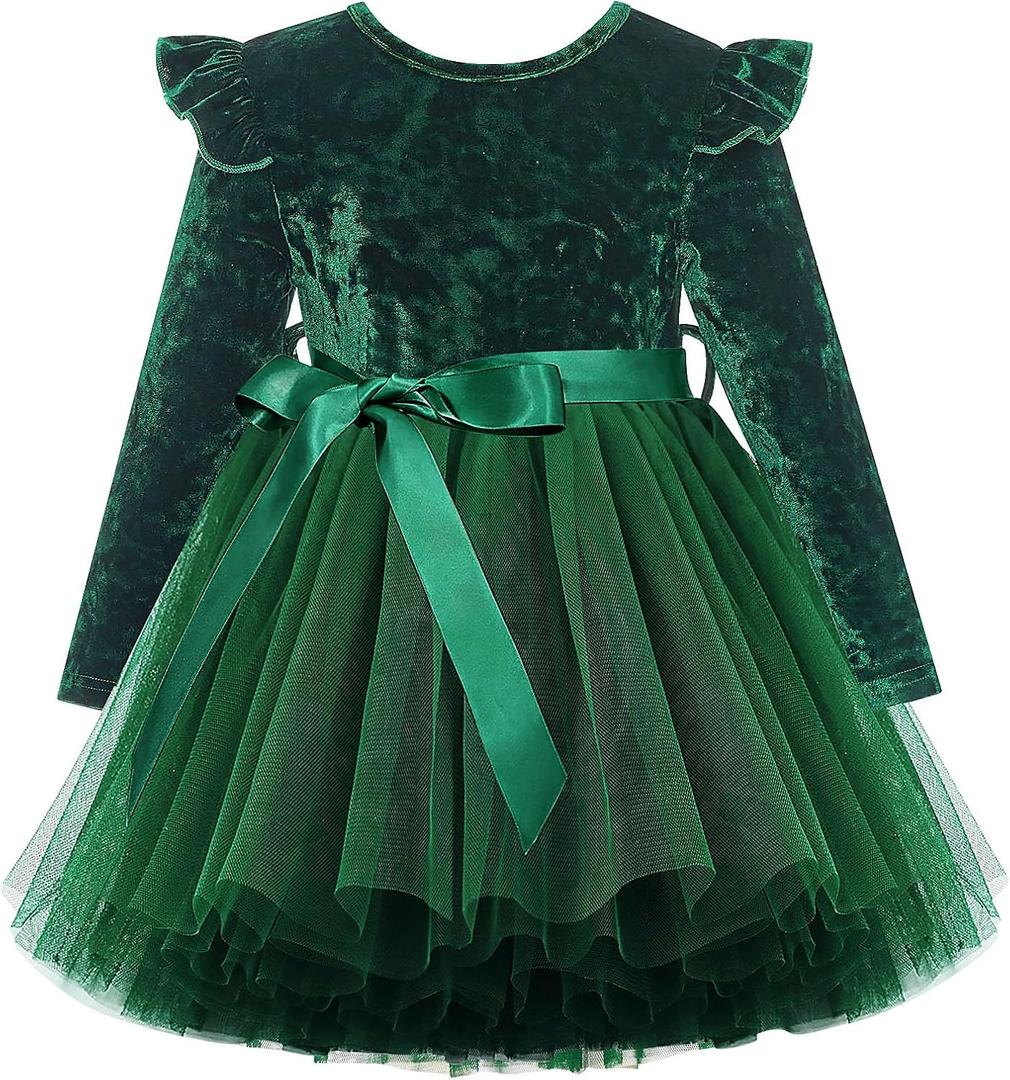 UNICOMIDEA 3-4 Toddler Velvet Dress Little Girls Tutu Tulle Crewneck Long Sleeve Holiday Party Fashion Dresses (Green)