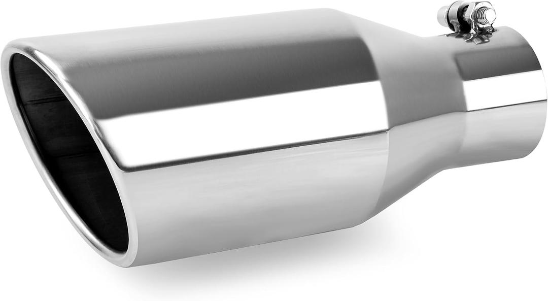 Richeer 3" Inlet Exhaust Tip, 3" Inlet 5" Outlet 12" Overall Length Stainless Steel Exhaust Tailpipe Tips with Polished Finish Universal for Vehicles with 3" O.D. Tailpipe Clamp/Bolt on Design
