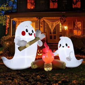 7FT Long Halloween Inflatable Ghosts Roasting Marshmallows Over The Campfire, Halloween Blow Ups Decorations, Holiday Yard Decoration for Outdoor Garden Yard Lawn Decor