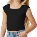 Girls Short Sleeve Crop Tops: Summer Square Neck Side Drawstring Tees Summer Casual T Shirts, Size 9-10 Years (Black)