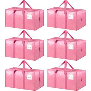 6 Pack Extra Heavy Duty Large Moving Bags with Strong Zipper & Comfortable Handles, Sturdy & Durable Clothes Storage Bags Totes Bins, Packing Moving Boxes for College Supplies, Pink