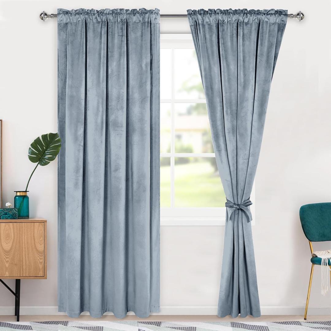 Hiasan Velvet Curtains 84 inches-Blackout Thermal Insulated Solid Soft Curtains for Bedroom Living Room Rod Pocket Room Darkening 2 Panels Window Drapes with Tiebacks, 52W x 84L, Stone Blue