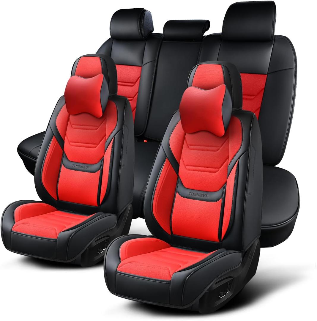 Car Seat Covers Full Set, Breathable Leather Automotive Front and Rear Seat Covers & Headrest for Reduce The Driving Fatigue, Compatible with Most Vehicles, Cars (Black&Red, Front Pair and Rear)