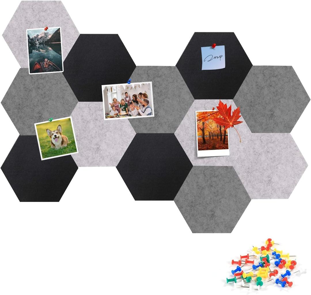 Gute 12 Pcs Hexagon Felt Bulletin Board Tiles Self Adhesive, Black Gray White Felt Cork Board for Wall Decor, Pin Board for Home Office School Memos Photos Notes Display