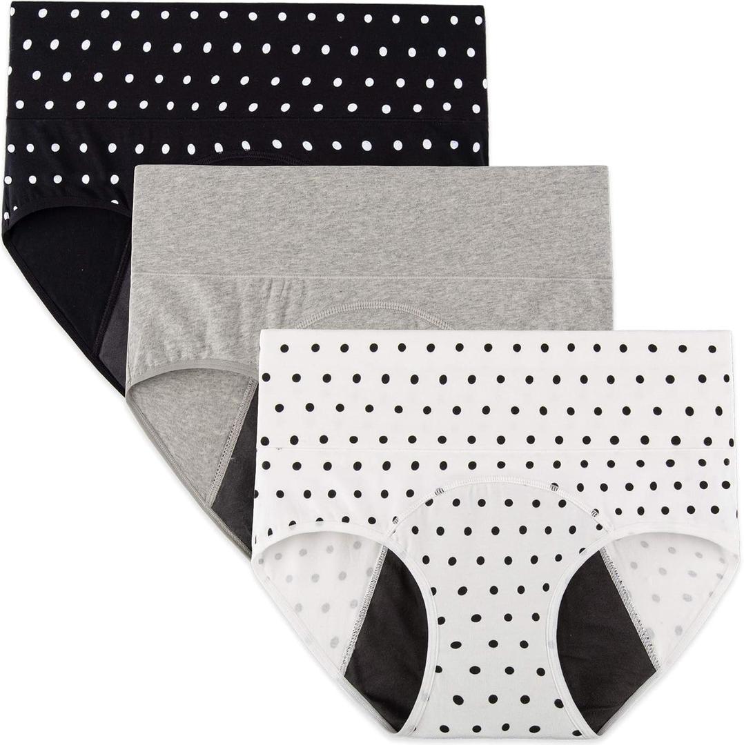 INNERSY Period Underwear for Women High Waisted Leak-Proof Postpartum Menstrual Panties 3-Pack (Small, Polka Dot)