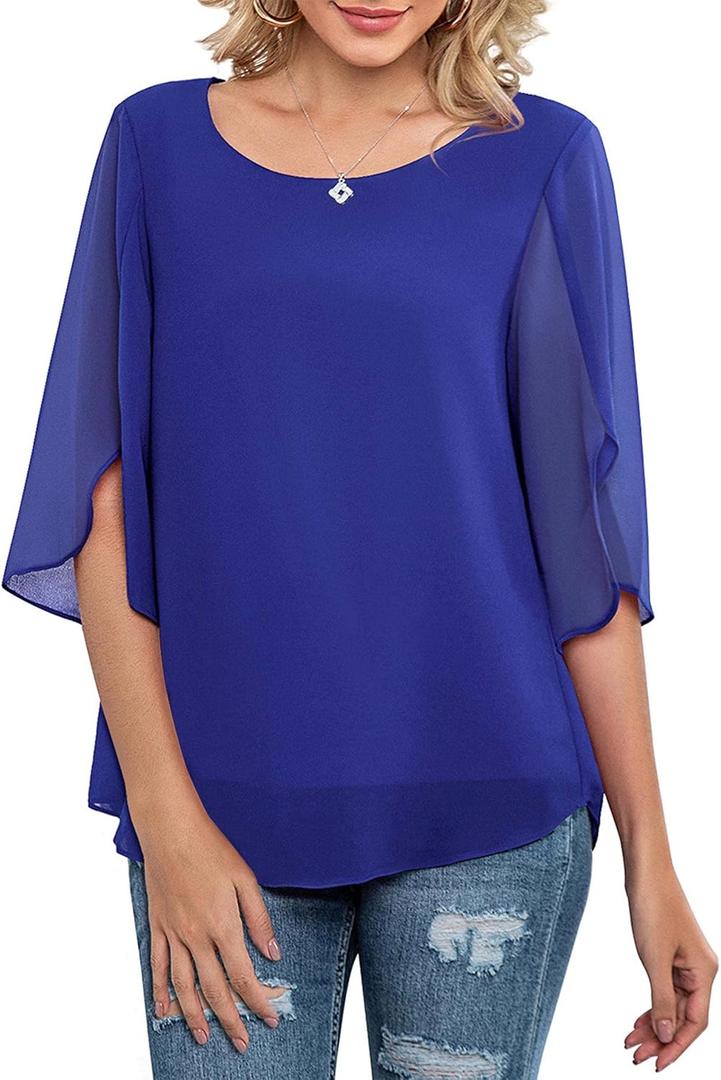 Neineiwu Womens Casual Scoop Neck Loose Top 3/4 Sleeve Chiffon Blouse Shirt Tops (Blue, M)