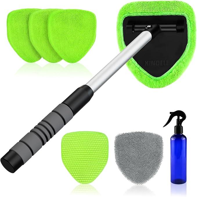 XINDELL Windshield Cleaner Tool – Car Interior Window Cleaning Kit with Extendable Handle & 4 Microfiber Pads, Auto Wiper Inside Windshield Brush for Car & Home Windows